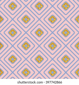 Seamless geometric background diamond pattern with gold glitter accents in pink and blue in square format for print, textiles or wallpaper, vector illustration
