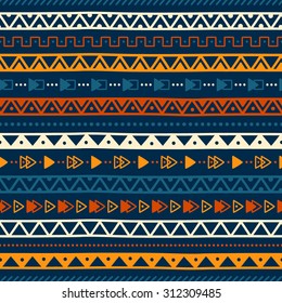 Seamless geometric background. Ethnic motives. Ornament handmade. Blue, orange and white colors. Vector illustration. Horizontal stripes.