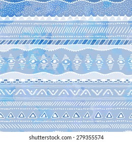 Seamless geometric background in ethnic style. Watercolor texture. Vector illustration handmade.