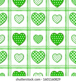 Seamless geometric background with green hearts with peas on a white background.