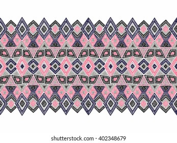 Seamless geometric background. Handmade. Knitted motifs. White, gray, blue, black and pink color.