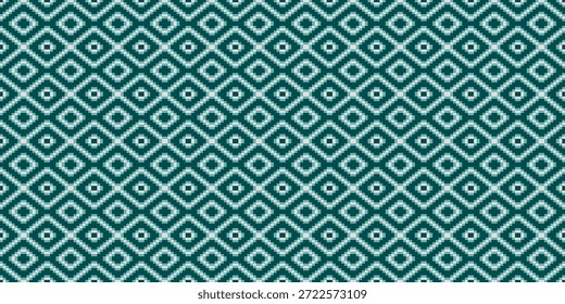 A seamless geometric background illustration featuring a unique pattern of teal and white tones arranged in repeating diamond and zigzag motifs. This abstract ornamental design is inspired by traditional textile and fabric patterns, making it ideal for cloth prints, apparel, home décor, wallpapers, packaging, branding, and digital media backgrounds. The bold color contrast and rhythmic symmetry create a visually engaging surface pattern suitable for modern, ethnic, and decorative design applications.