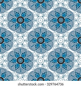 Seamless geometric  background. Isolated blue flowers in circles and outline flowers. Vector illustration.