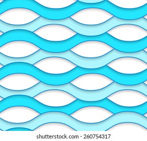 Seamless geometric background. Modern 3D texture. Pattern with realistic shadow and cut out of paper effect.White embossed interlocking blue waves.