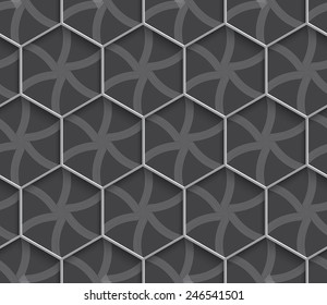 Seamless geometric background. Modern monochrome 3D texture. Pattern with realistic shadow and cut out of paper effect.Geometrical ornament 3d hexagonal net on gray background.
