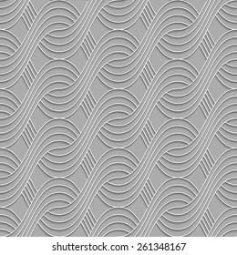 Seamless geometric background. Modern monochrome 3D texture. Pattern with realistic shadow and cut out of paper effect.3D striped interlocking waves on gray.