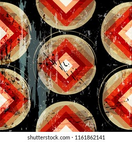 seamless geometric background pattern, with circles, squares, paint strokes and splashes