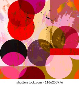 seamless geometric background pattern, with circles, squares, paint strokes and splashes