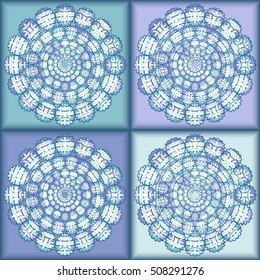 Seamless geometric background pattern made ornament circles on colorful squares in ethnic style. Blue and mint colors. Vector illustration.