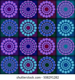 Seamless geometric background pattern made of different ornament circles on colorful squares in ethnic style. Bright glow blue and purple colors. Vector illustration.