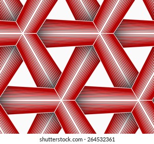 Seamless geometric background. Pattern with realistic shadow and cut out of paper effect.Colored.3D colored red triangular striped grid.