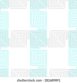 Seamless geometric background. Pattern with realistic shadow and cut out of paper effect. 3D white spiral squares with blue crossing.