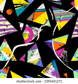seamless geometric background pattern, with triangles, strokes and splashes, on black