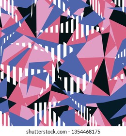 Seamless geometric background of pink and blue colors of triangles, squares and lines. Print on fabric,on paper. Vector
