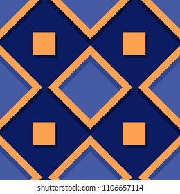 Seamless geometric background with square elements. Deep blue and orange 3d pattern. Vector illustration