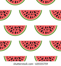 Seamless geometric background with watermelon slices. Design for greeting card, summer invitation, trendy fabric, simple ornament, texture template, stylish layout. Vector illustration.