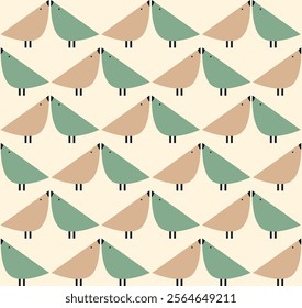 Seamless geometric bird pattern with pastel tones. Minimalist design featuring green and beige birds on a cream background. Ideal for kids' decor, wallpapers, and fabric prints.