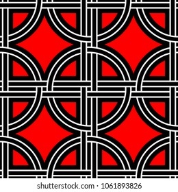 Seamless geometric black background. With red and white elements for wallpapers, textile and fabrics