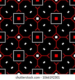 Seamless geometric black background. With red and white elements for wallpapers, textile and fabrics