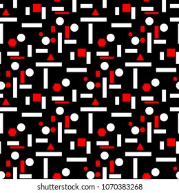 Seamless geometric black background. With red and white elements for wallpapers, textile and fabrics