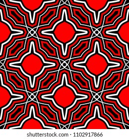 Seamless geometric black background. With red and white elements for wallpapers, textile and fabrics