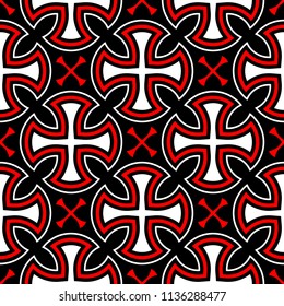 Seamless geometric black background. With red and white elements for wallpapers, textile and fabrics