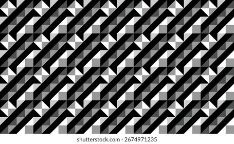 Patrón de chevrón diagonal geométrico blanco y negro sin fisuras con triángulos abstractos y efectos de ilusión óptica.