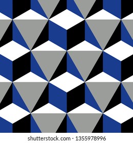 Seamless Geometric Black White Gray Night Blue 3D Shapes Vector Pattern
