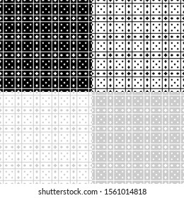 Seamless geometric black, white and gray patterns, transparent background. Appropriate for fabric materials, packing materials, websites. Samples are added to swatches panel.