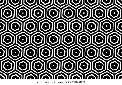 Seamless Geometric Black and White Hexagons and Dots Pattern. Vector Art.
