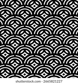 Seamless geometric black and white pattern with overlapping arches and diamond shapes in bold abstract design.