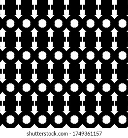 Seamless geometric black-white classic pattern of circles and arrows. Stock vector illustration for decoration and design, packaging, fabric, web page, wallpaper, paper.