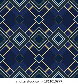 Seamless geometric blue and gold background in vector. Abstract art decoration