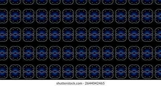 Seamless geometric blue pattern with glowing dots and soft gradients on black. Perfect for digital wallpapers, tech design, or fabric prints.