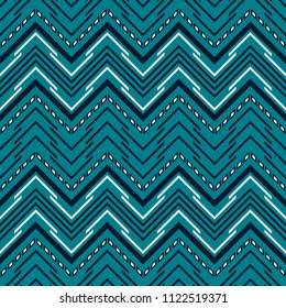 Seamless geometric blue and white pattern with complex zigzag. Abstract vector ornament of solid, broken and dashed zigzag lines