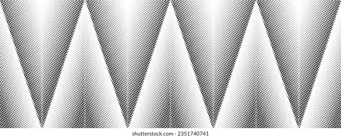 Seamless geometric border featuring an abstract arrangement of dotted halftone gradients. A contemporary and elaborate black and white vector illustration design.