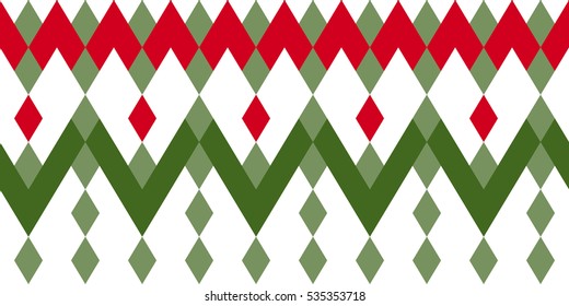 Seamless geometric border with stylized flowers in white, red and green palette. Elegant simple seamless  pattern of geometric shapes. Vector.