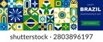Seamless geometric Brazilian pattern and banner with Happy Brazil Independence Day, cultural symbols. Colorful mosaic background with simple shapes