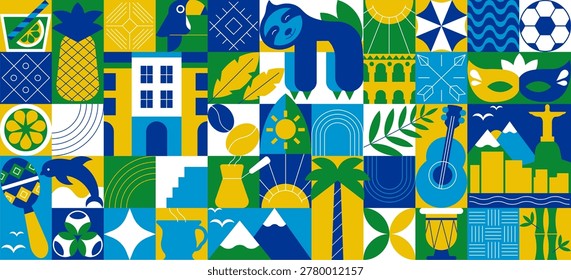 Seamless geometric Brazilian pattern and banner with Brazil icons, cultural symbols. Colorful mosaic background with simple shapes inspired by summer, travel, music, food, architecture and tropical nature