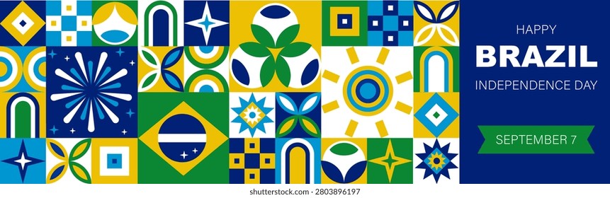 Seamless geometric Brazilian pattern and banner with Happy Brazil Independence Day, cultural symbols. Colorful mosaic background with simple shapes