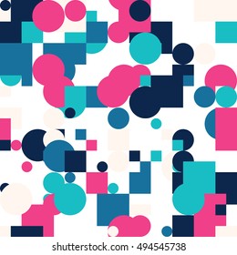 Seamless Geometric Bright Colors Pattern. Repetitive Texture. Modern Ornament with Circles and Squares. Abstract Vector Background