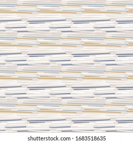 Seamless geometric broken stripe pattern. French blue linen shabby chic style. Irregular texture. Old yellow blue background. Interior wallpaper home decor swatch. Modern retro textile all over print