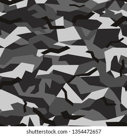 Seamless geometric camouflage pattern of squares and triangles in Black and gray.Print on fabric on paper.Vector