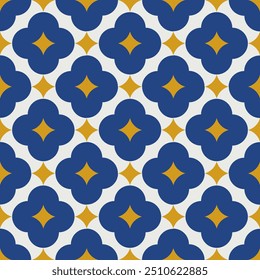 Sem emenda. Pintura geométrica em tela. Mediterrâneo. Padrão de tecido de impressão floral. Projeto italiano azulejo azul, branco, amarelo de cerâmica. Para embalagem.
