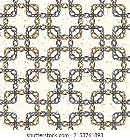 Seamless geometric chain pattern with intricate squares on textured background with small particles like motes, dust. Vector Illustration.