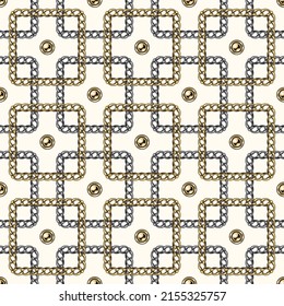 Seamless geometric chain pattern with intricate overlapping squares on white background. Gold and silver chains. Vector Illustration.