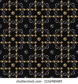 Seamless geometric chain pattern with intricate squares on black background. Vector Illustration.