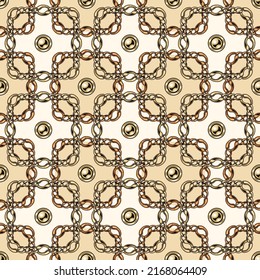 Seamless geometric chain pattern with intricate overlapping squares on white background. Gold and copper chains, beads Vector Illustration.