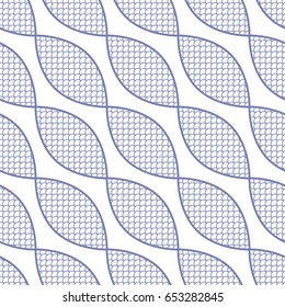 Seamless geometric chain pattern of petals with fish scale trellis inside. Decorative garland background. Vector illustration.