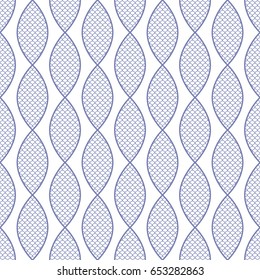 Seamless geometric chain pattern of petals with fish scale trellis inside. Decorative garland background. Vector illustration.